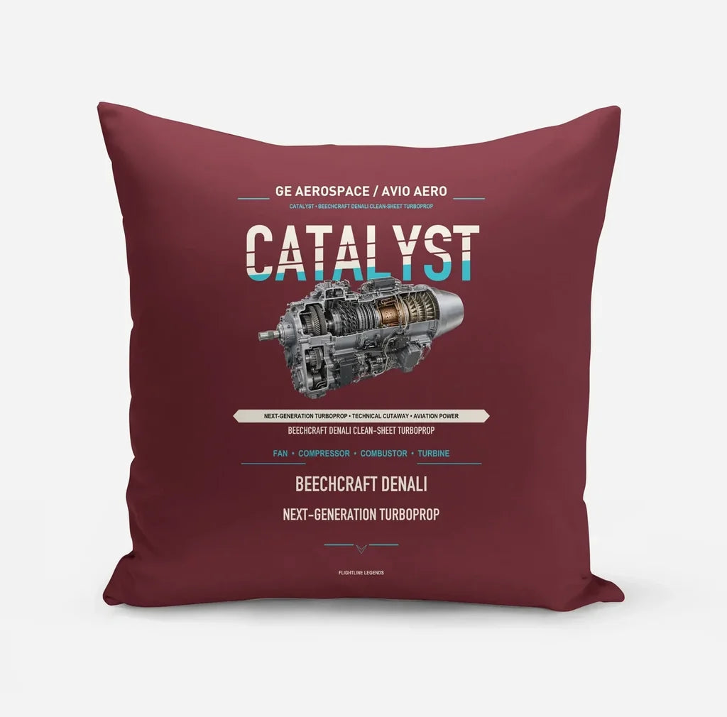 CATALYST design on dark red pillow