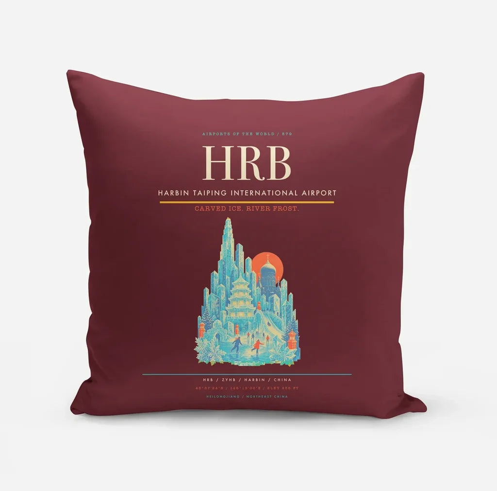 Harbin Taiping International Airport (HRB) design on dark red pillow