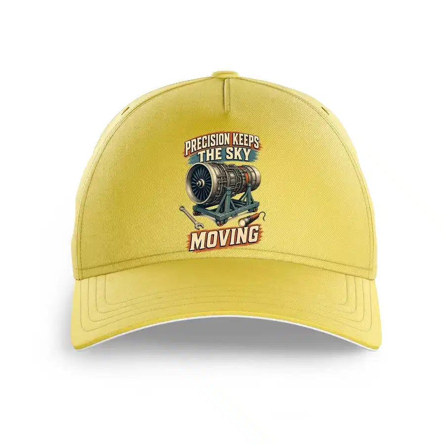 Precision Keeps The Sky Moving design on yellow printed hat
