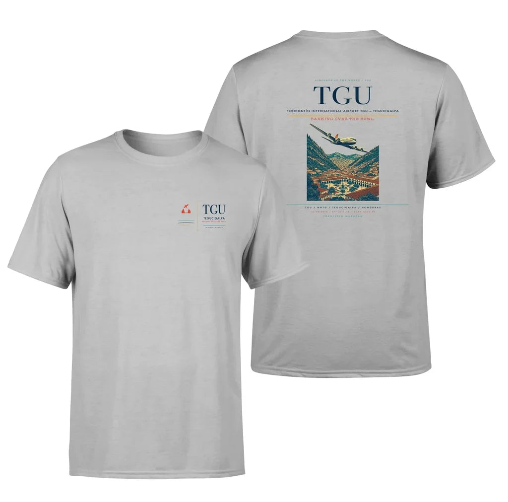 Toncontín International Airport (TGU) design printed on light gray double-side t-shirt