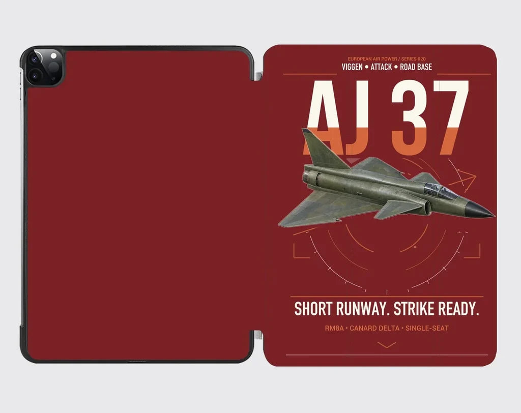 Saab AJ 37 Viggen design on dark red ipad tablet case