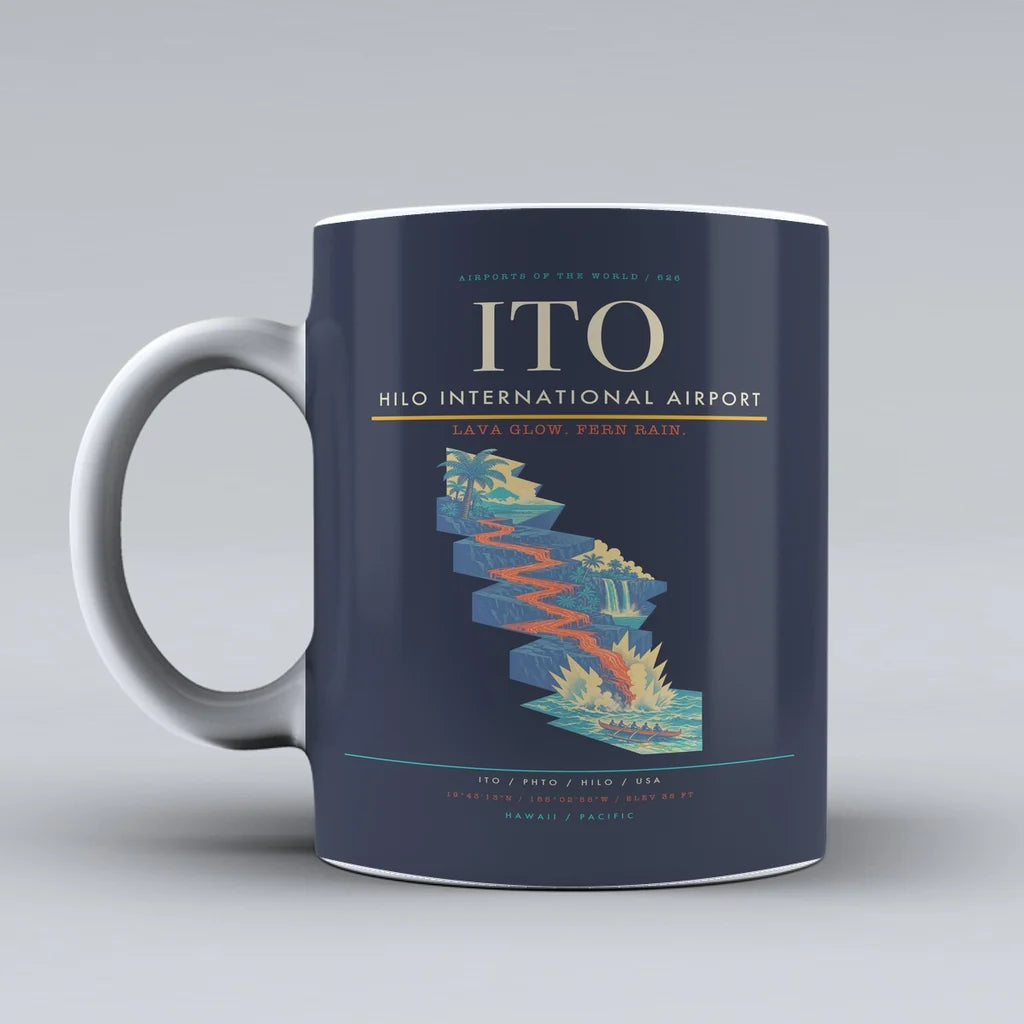 Hilo International Airport (ITO) airport code design on dark blue ceramic mug
