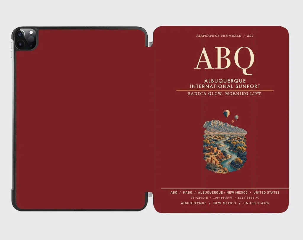 Albuquerque International Sunport (ABQ) design on dark red ipad tablet case
