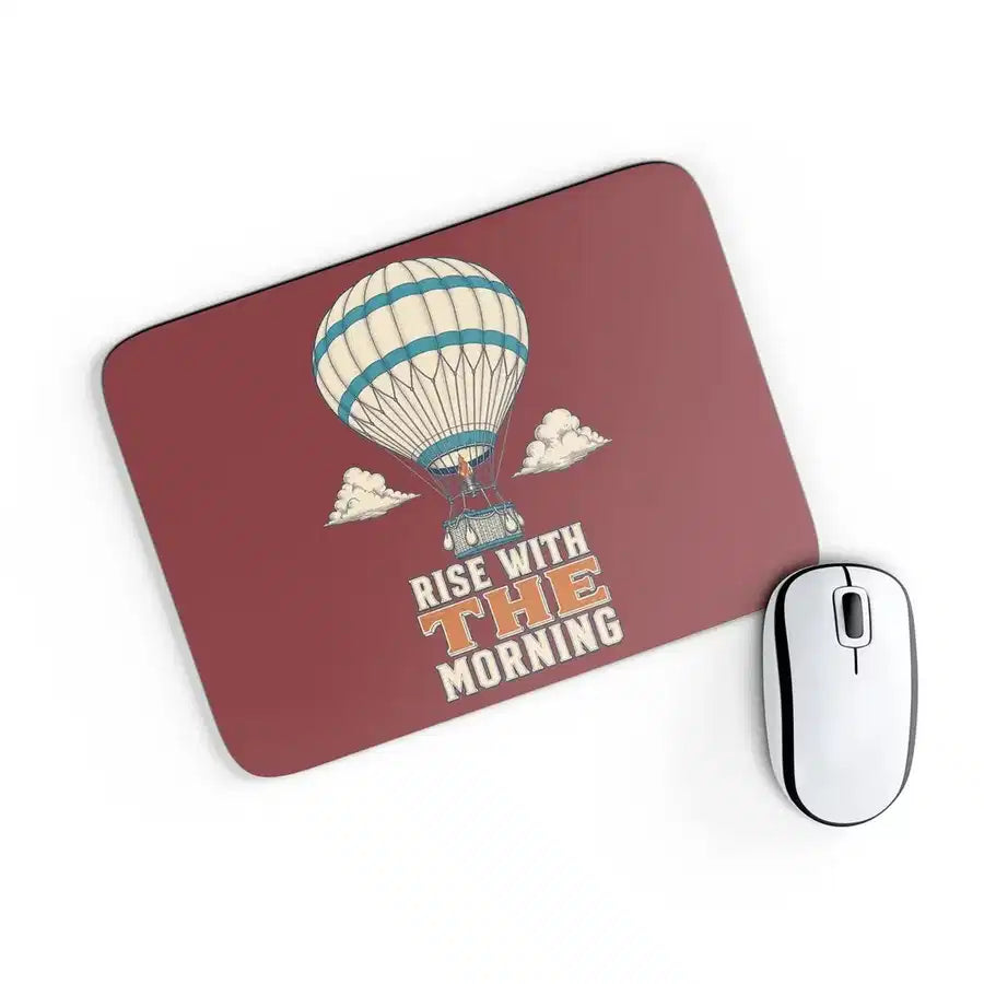 Rise With The Morning design on dark red rectangle mouse pad