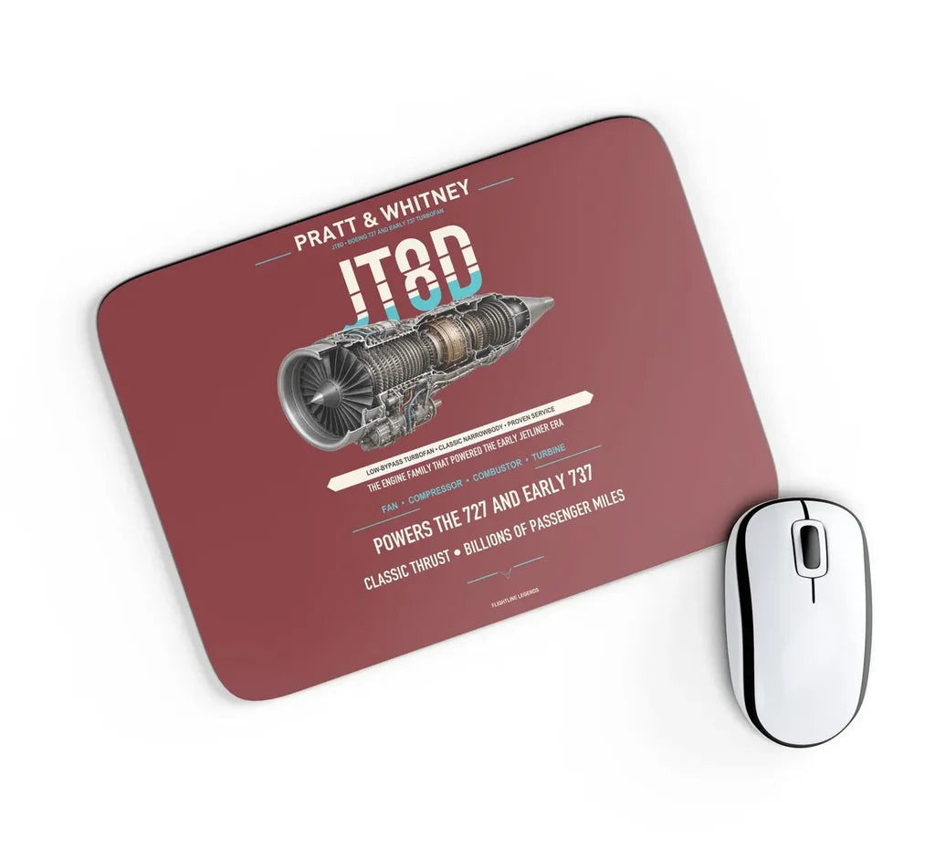 JT8D design on dark red rectangle mouse pad