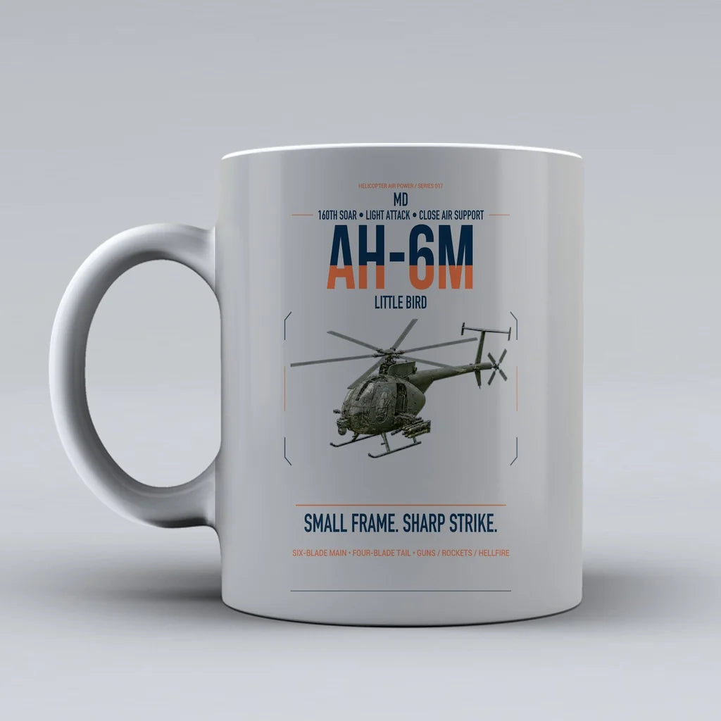 MD AH-6M Little Bird design on light gray ceramic mug, double-side print
