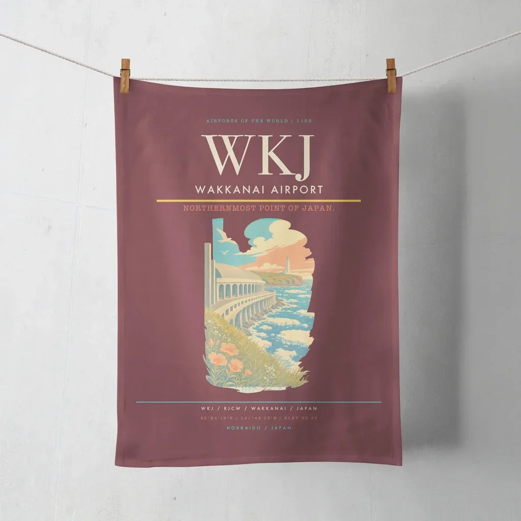 Wakkanai Airport (WKJ) design on dark red towel