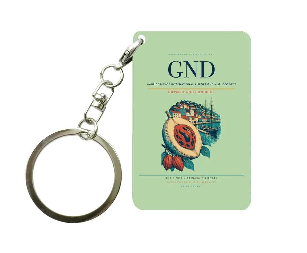 Maurice Bishop International Airport (GND) design on light green key chain