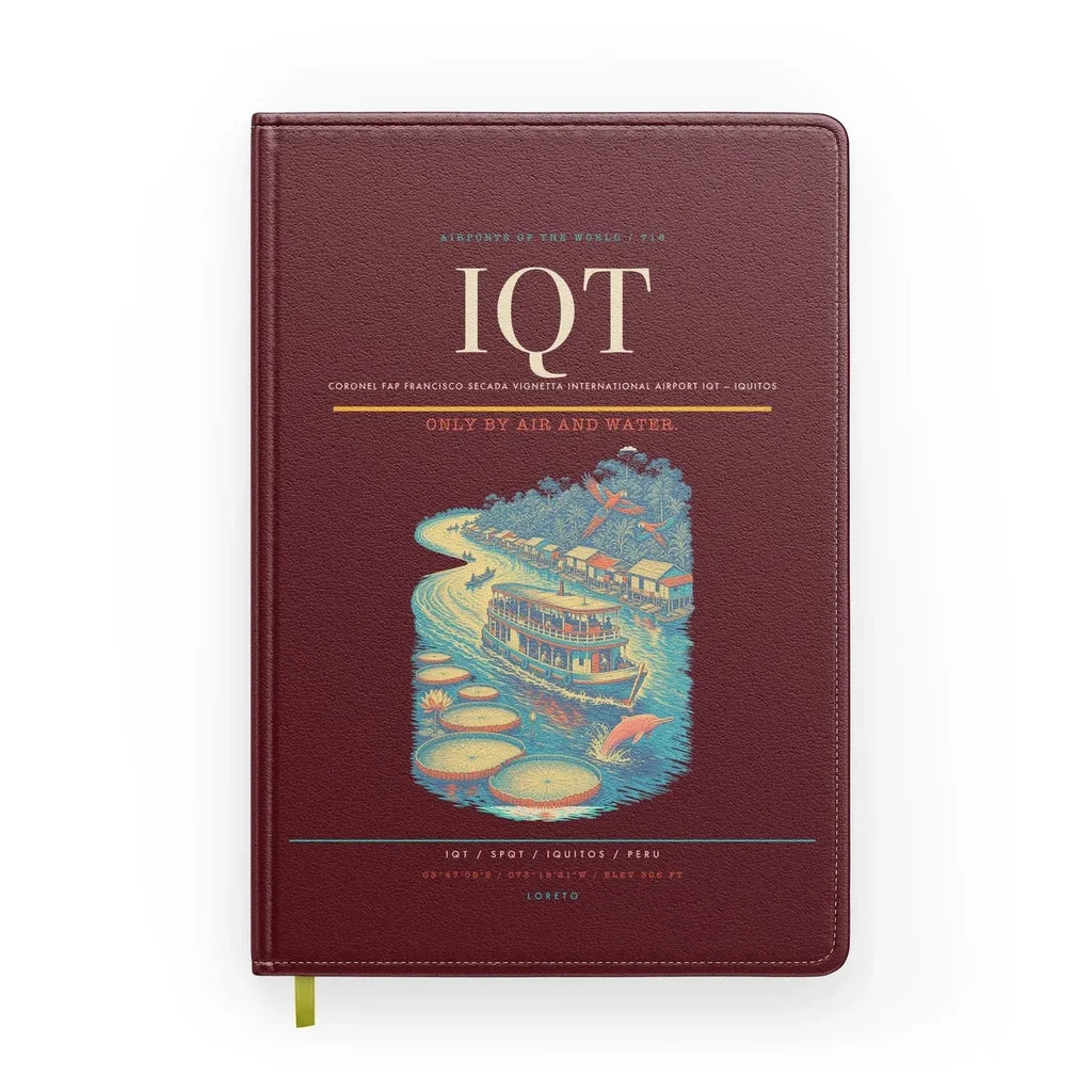 Coronel FAP Francisco Secada Vignetta International Airport (IQT) design on dark red notebook
