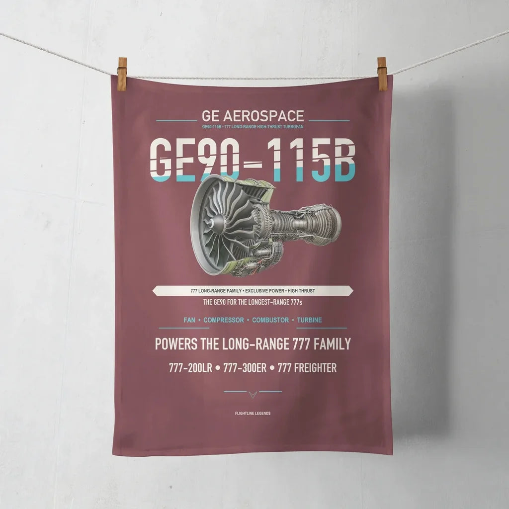 GE90-115B design on dark red towel