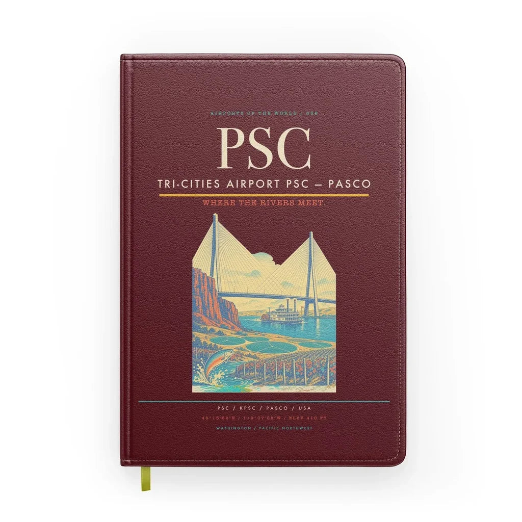 Tri-Cities Airport (PSC) design on dark red notebook