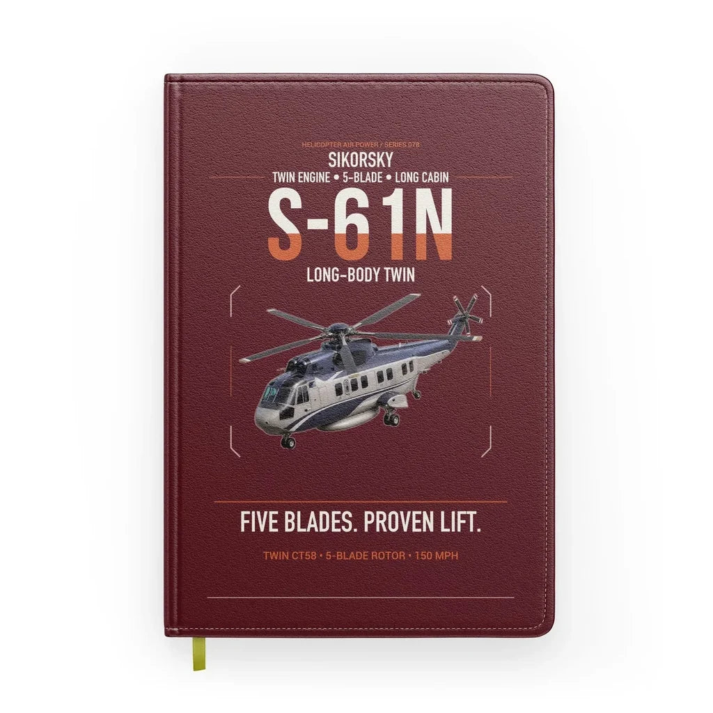 Sikorsky S-61N design on dark red notebook