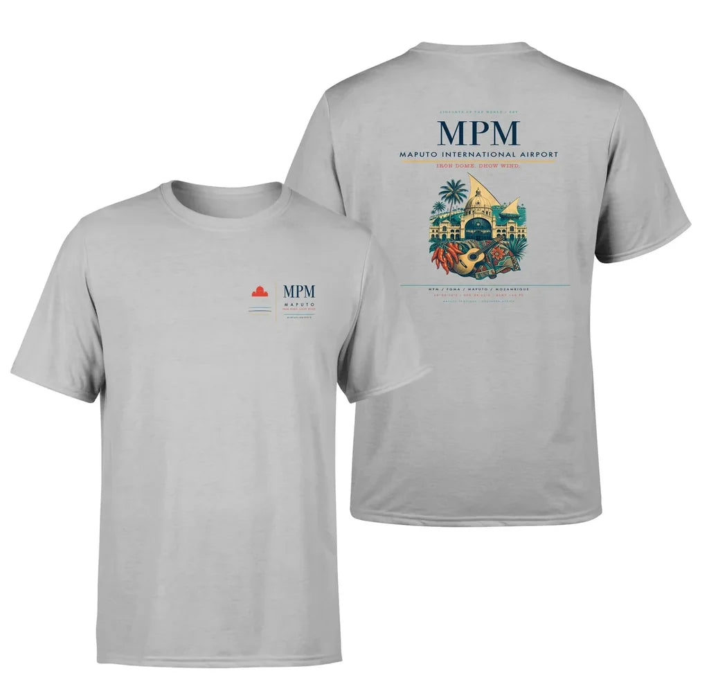 Maputo International Airport (MPM) design printed on light gray double-side t-shirt