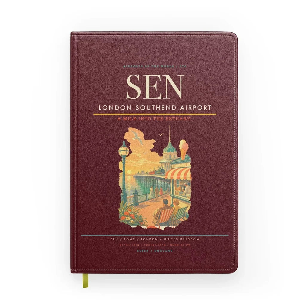 London Southend Airport (SEN) design on dark red notebook