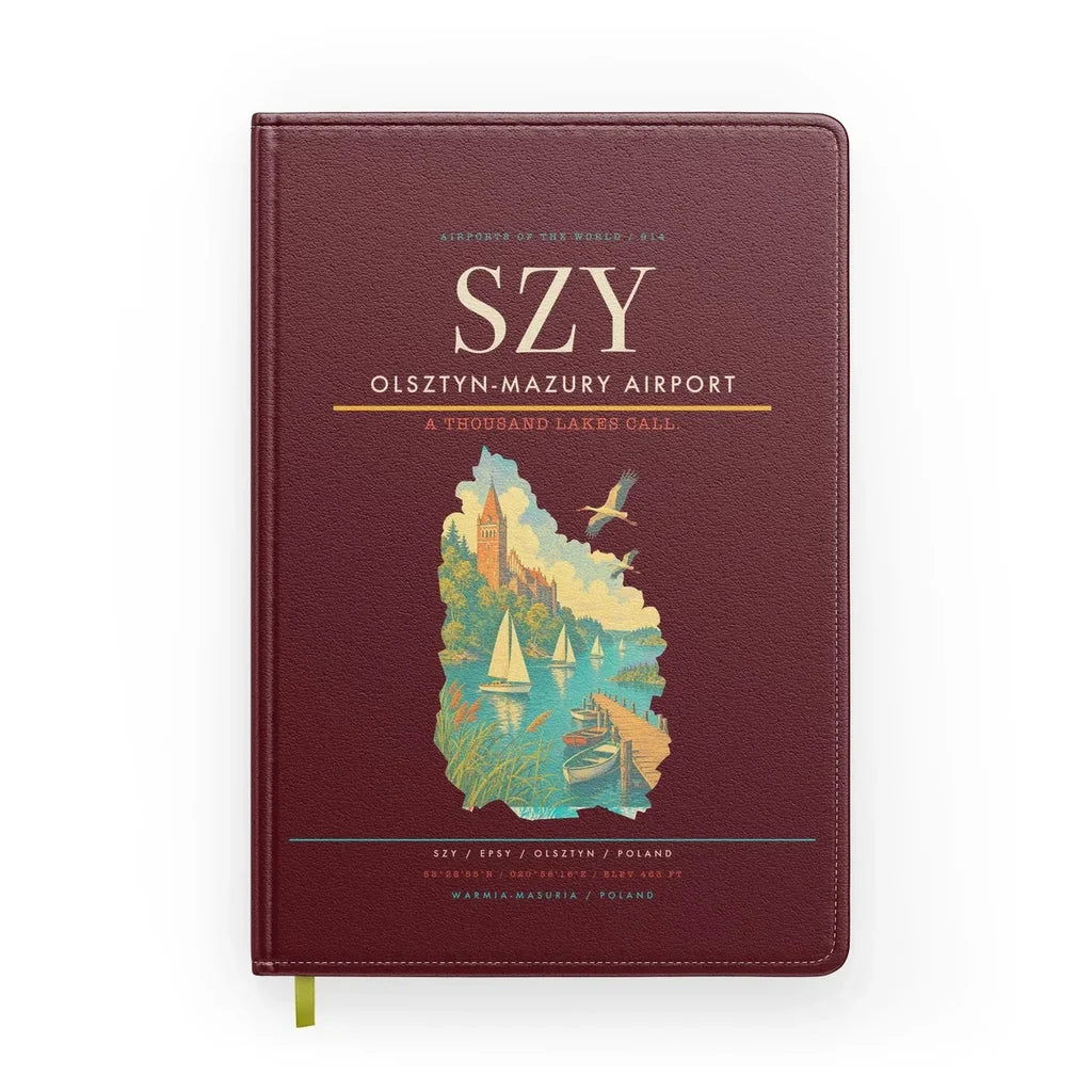 Olsztyn-Mazury Airport (SZY) design on dark red notebook