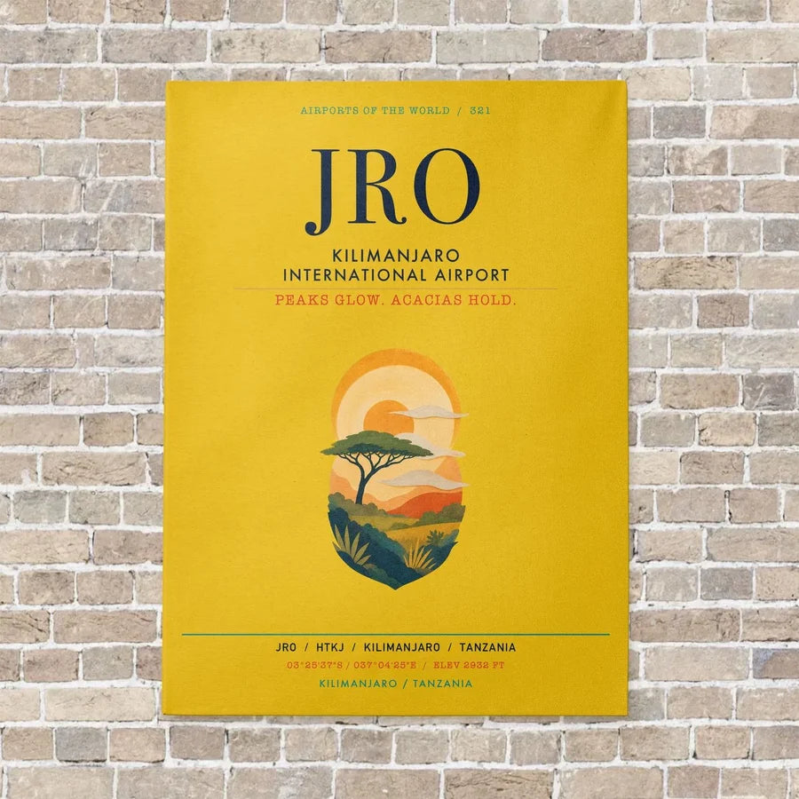 Kilimanjaro International Airport JRO vertical canvas print - no frame - yellow background
