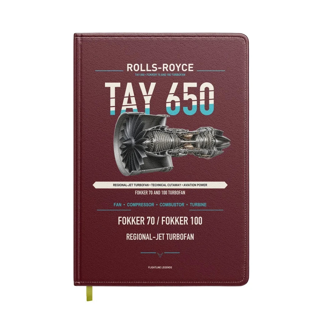 TAY 650 design on dark red notebook