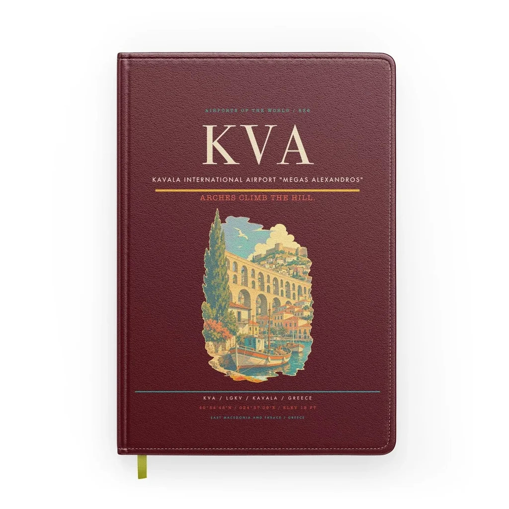 Kavala International Airport Megas Alexandros (KVA) design on dark red notebook