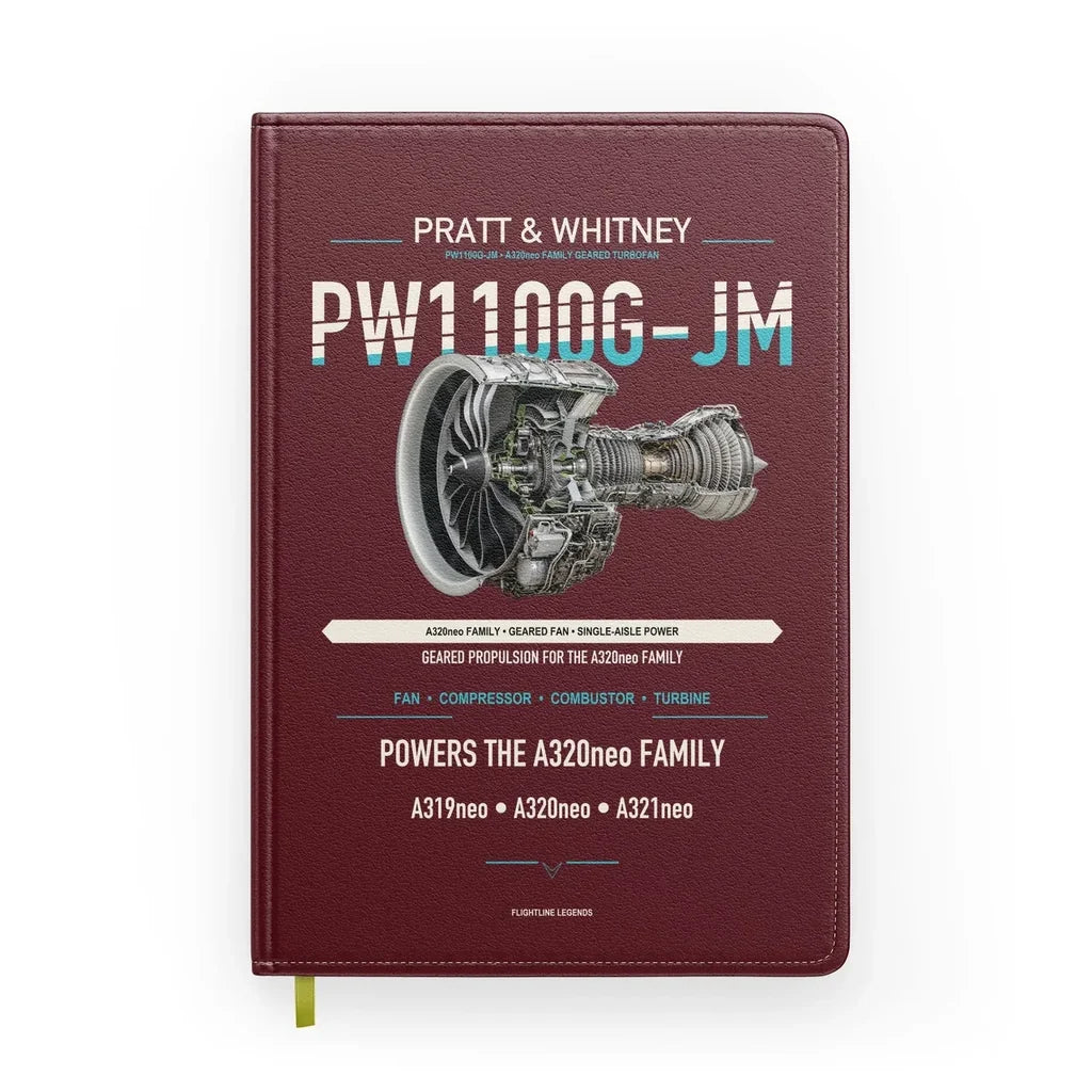 PW1100G-JM design on dark red notebook