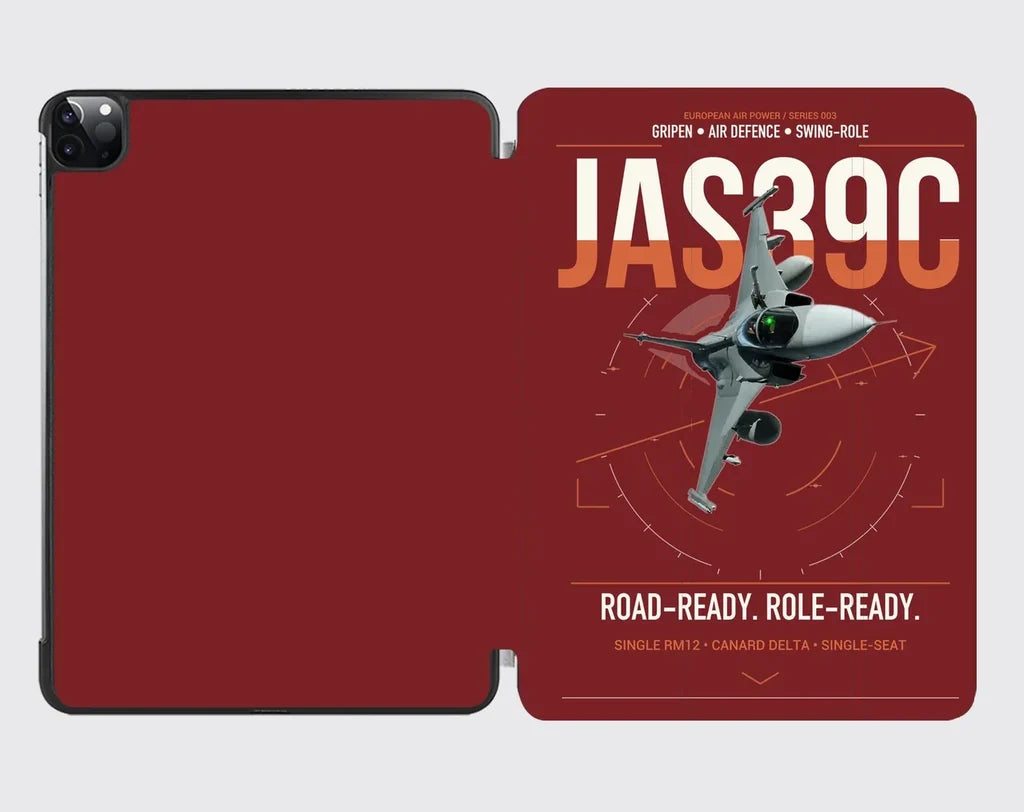 Saab JAS 39C Gripen design on dark red ipad tablet case