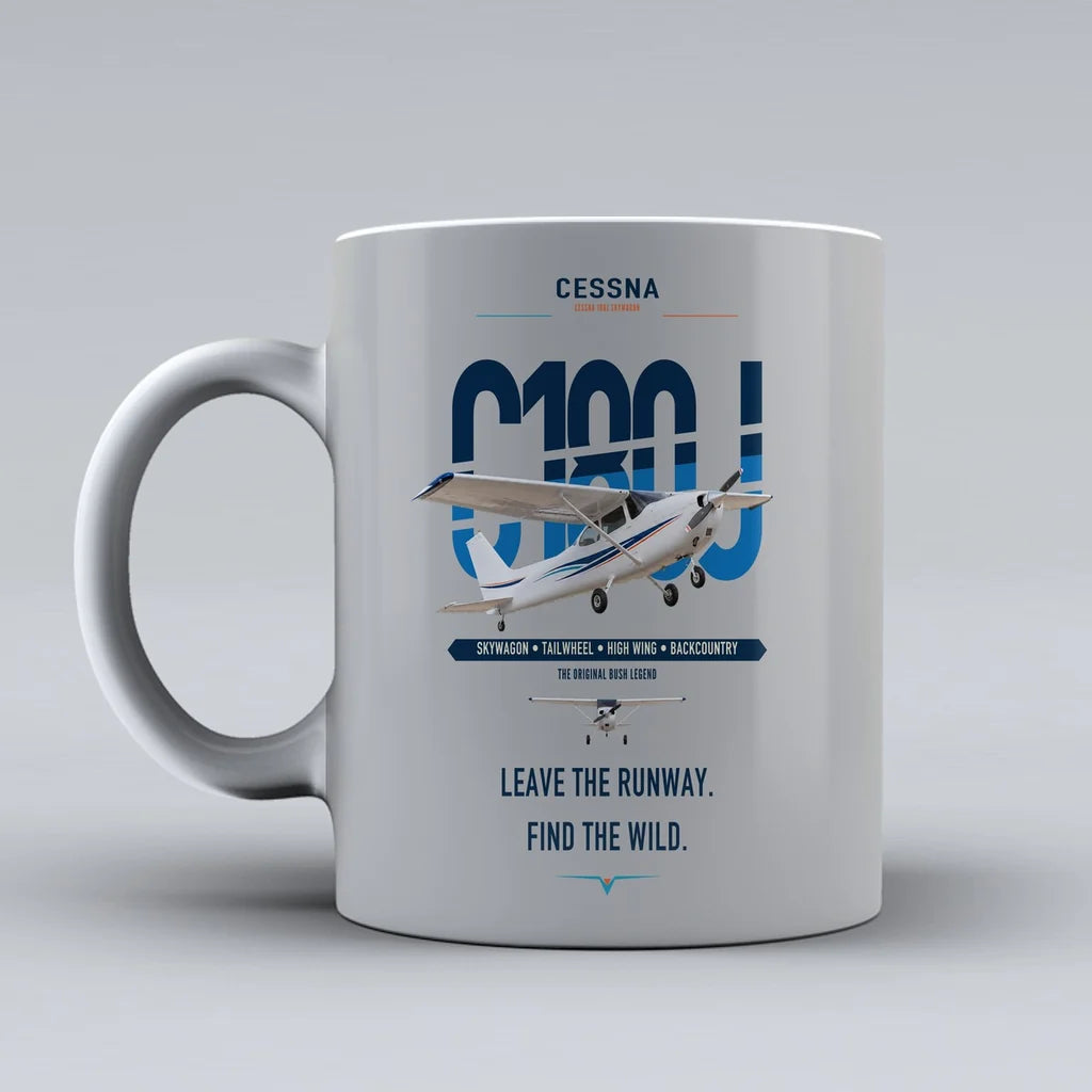 Cessna 180J Skywagon design on light gray ceramic mug, double-side print