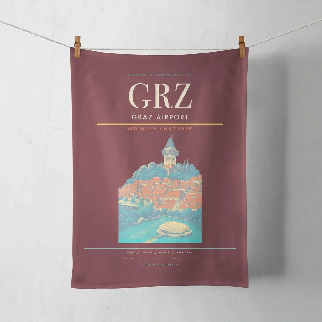 Graz Airport (GRZ) design on dark red towel