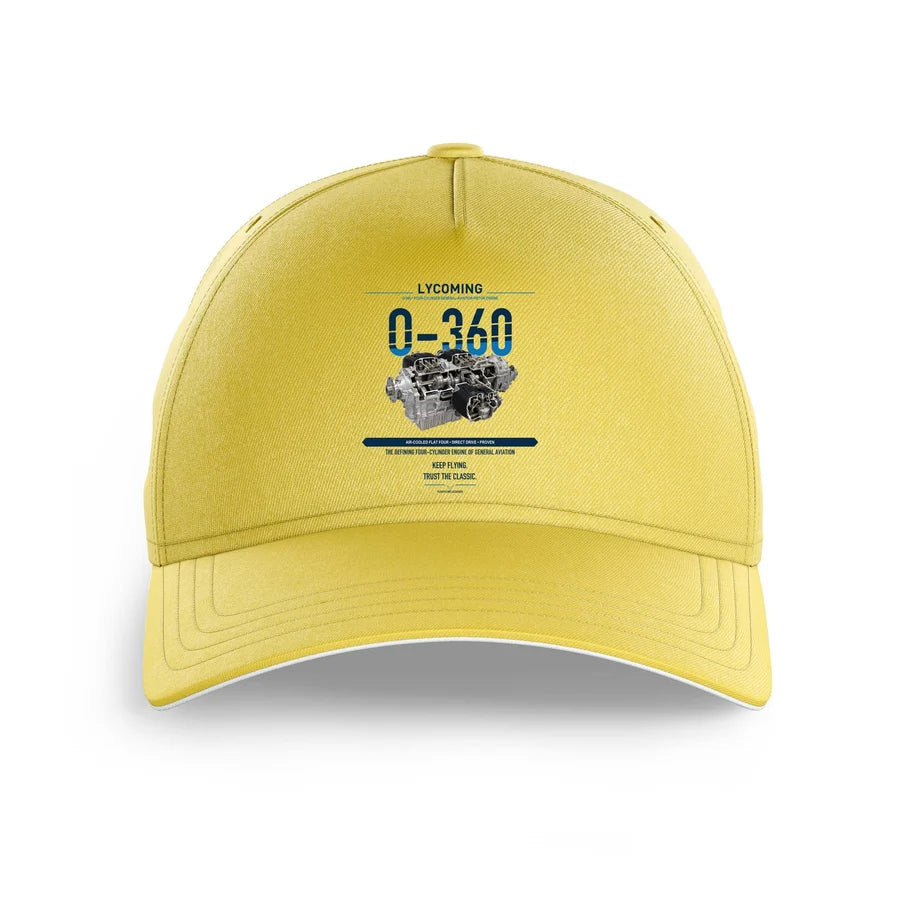 O-360 design on yellow printed hat