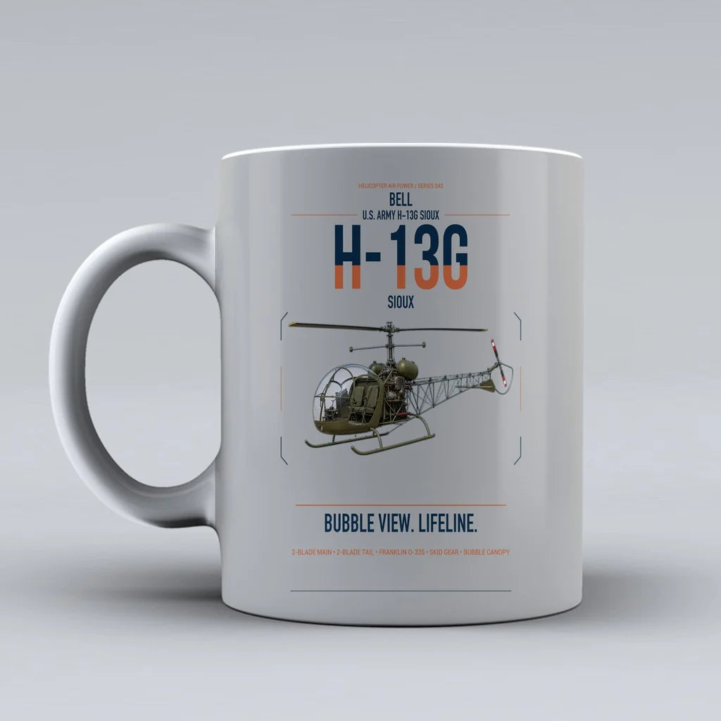 Bell H-13G Sioux design on light gray ceramic mug, double-side print
