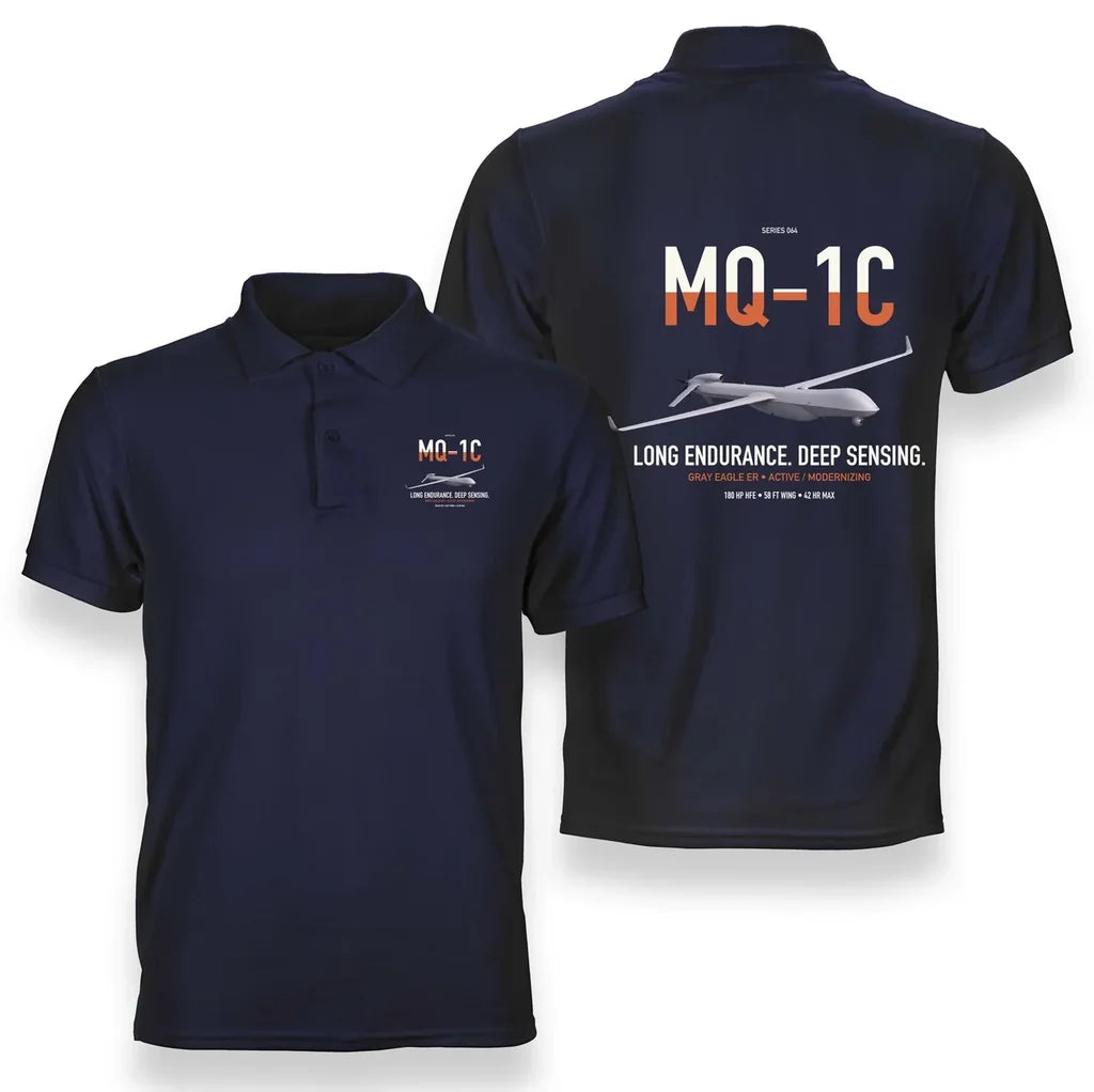 MQ-1C Gray Eagle ER design on navy blue double-side polo t-shirt, double-side print