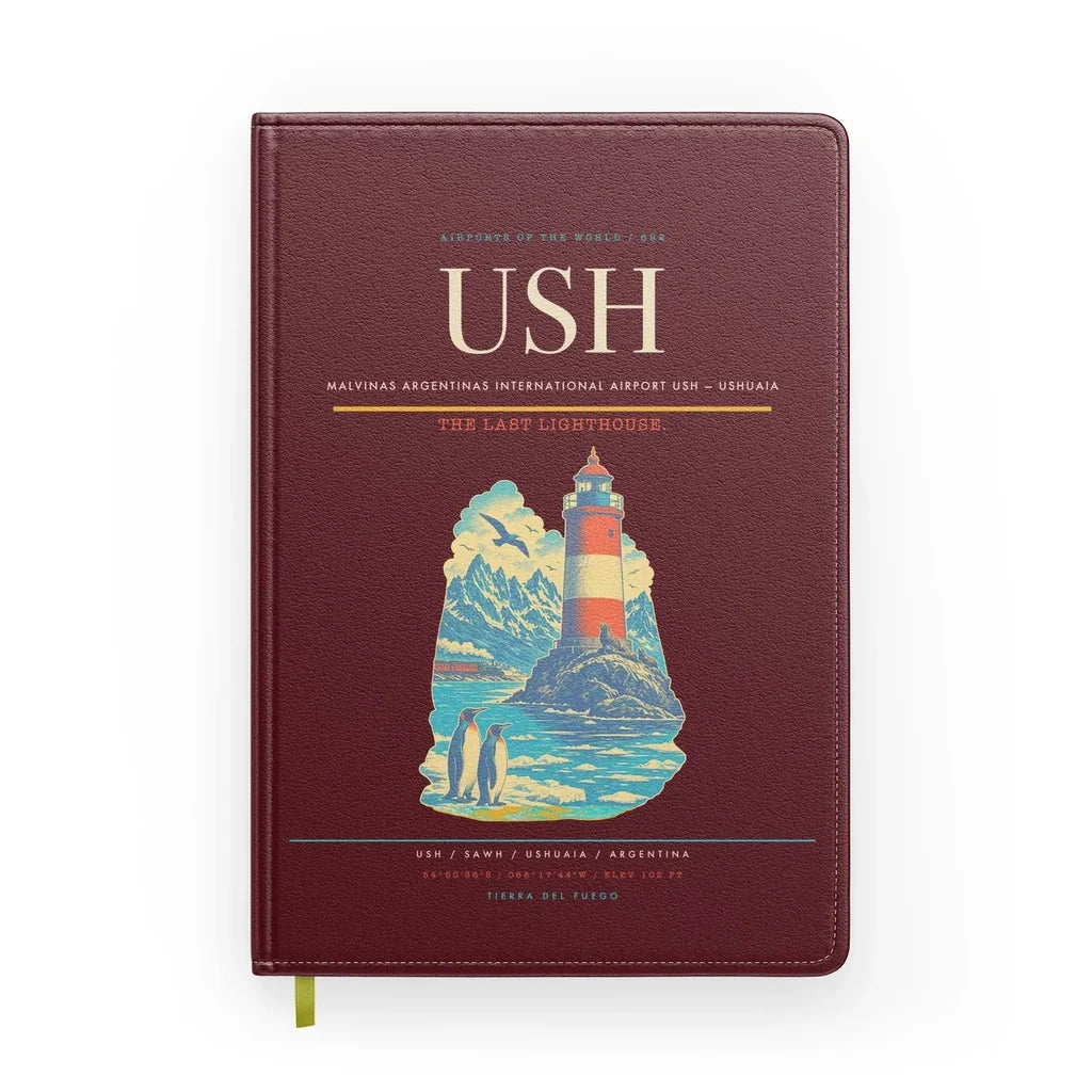 Malvinas Argentinas International Airport (USH) design on dark red notebook