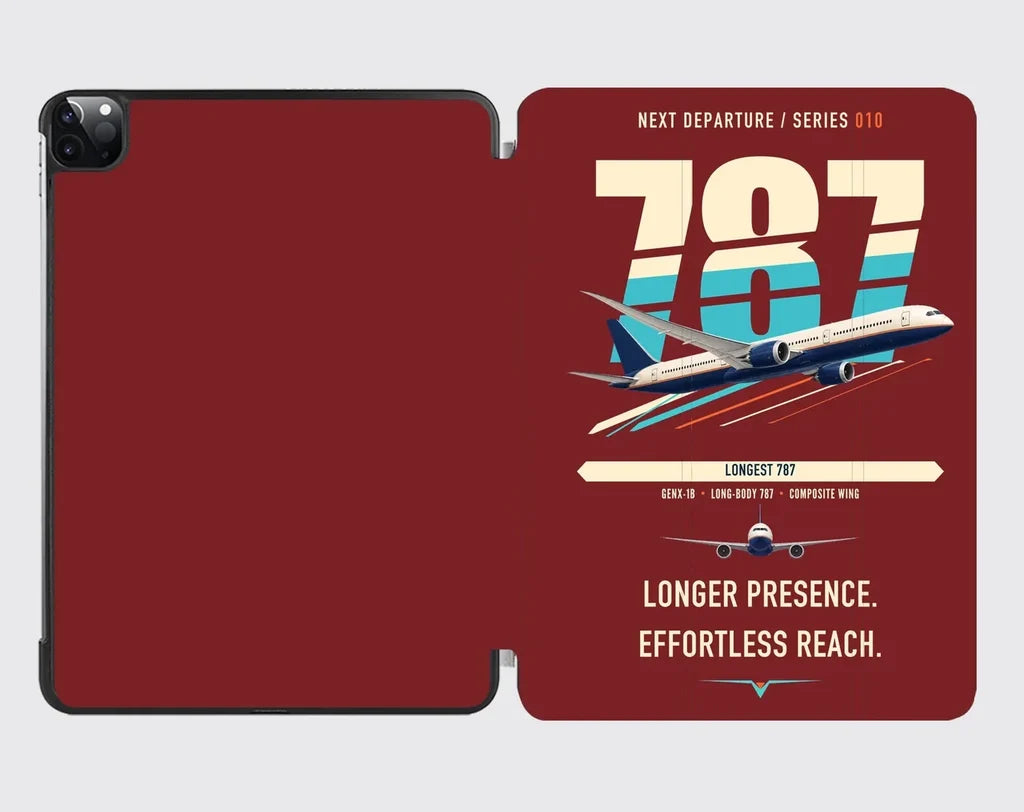 Boeing 787-10 Dreamliner design on dark red ipad tablet case