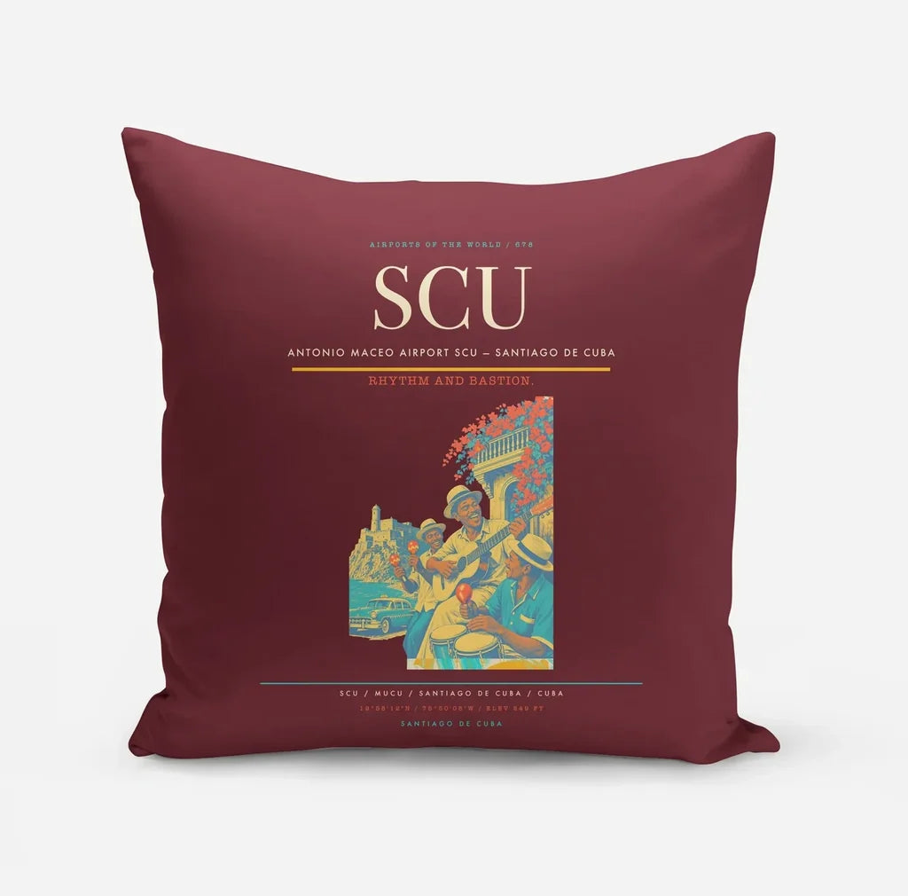 Antonio Maceo Airport (SCU) design on dark red pillow