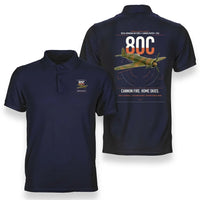 Thumbnail for IAR 80C design on navy blue double-side polo t-shirt, double-side print