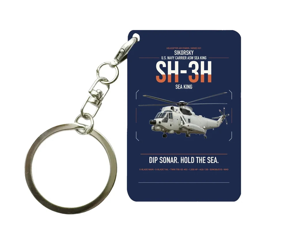 Sikorsky SH-3H Sea King design on navy blue designed key chain, double-side print