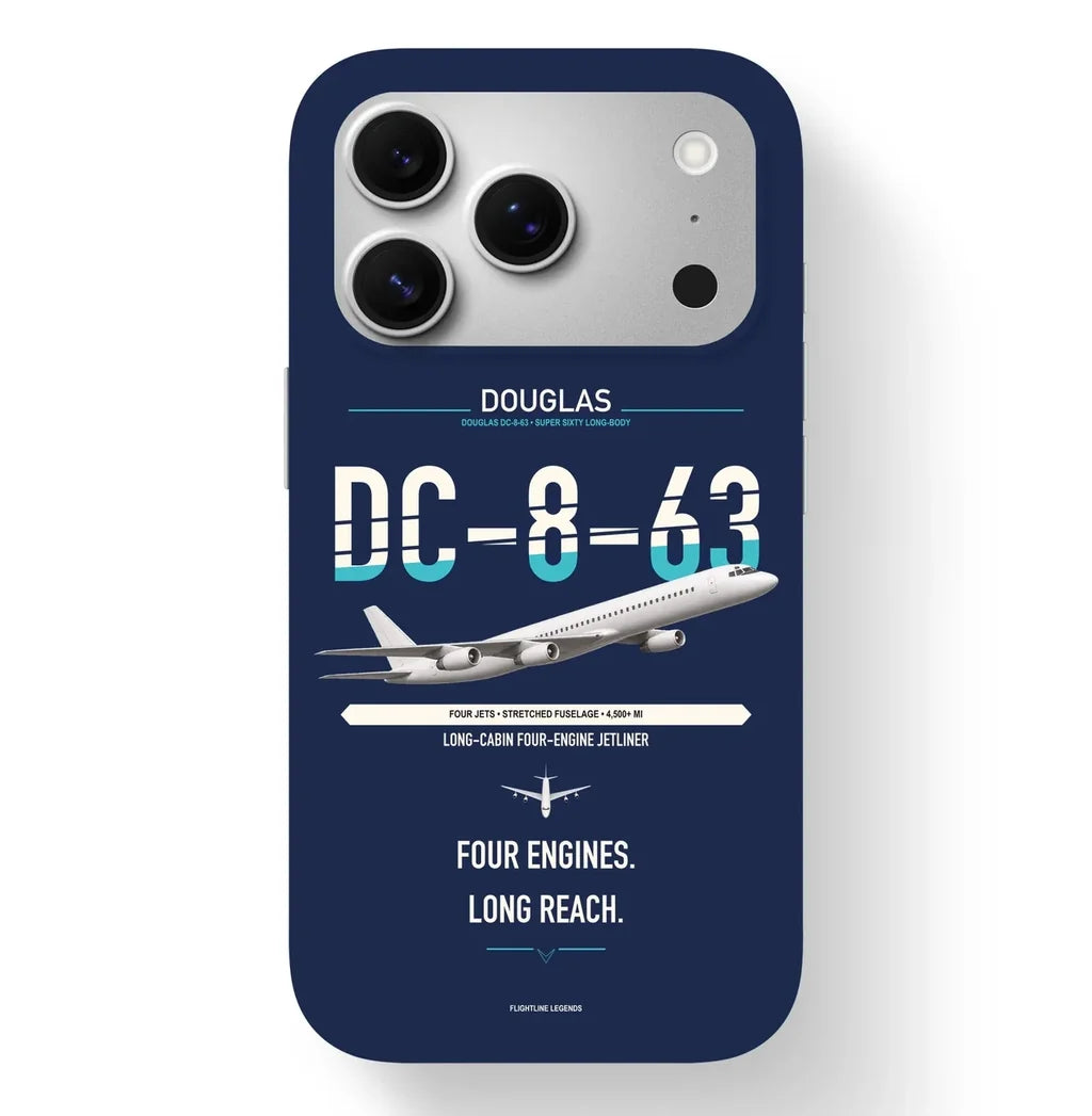 Douglas DC-8-63 design on navy blue magsafe iphone case, for iPhone 17 Pro