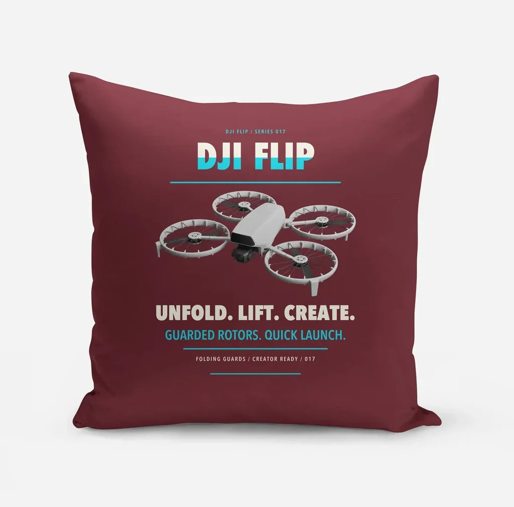 DJI Flip design on dark red pillow