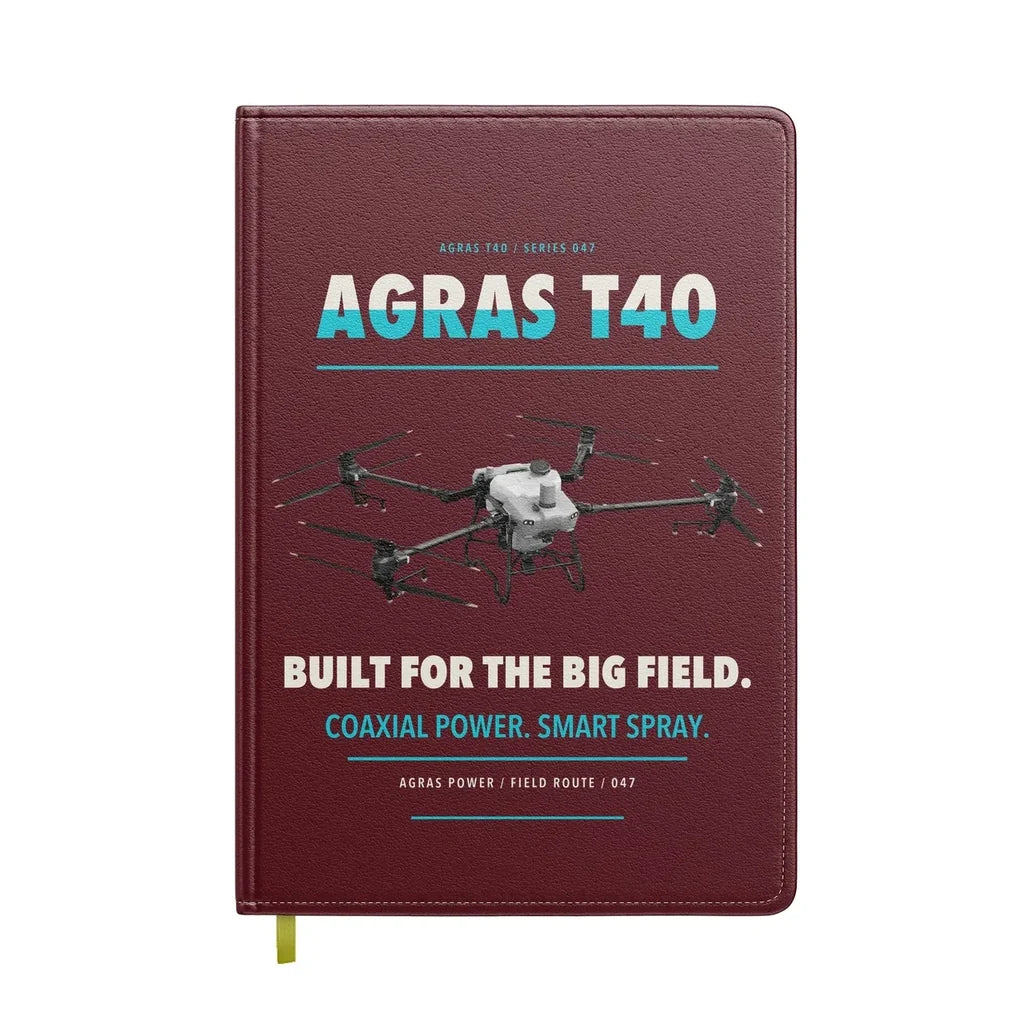 DJI Agras T40 design on dark red notebook