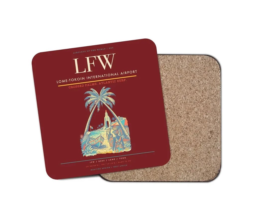 Lome-Tokoin International Airport (LFW) design on dark red 1 piece coaster