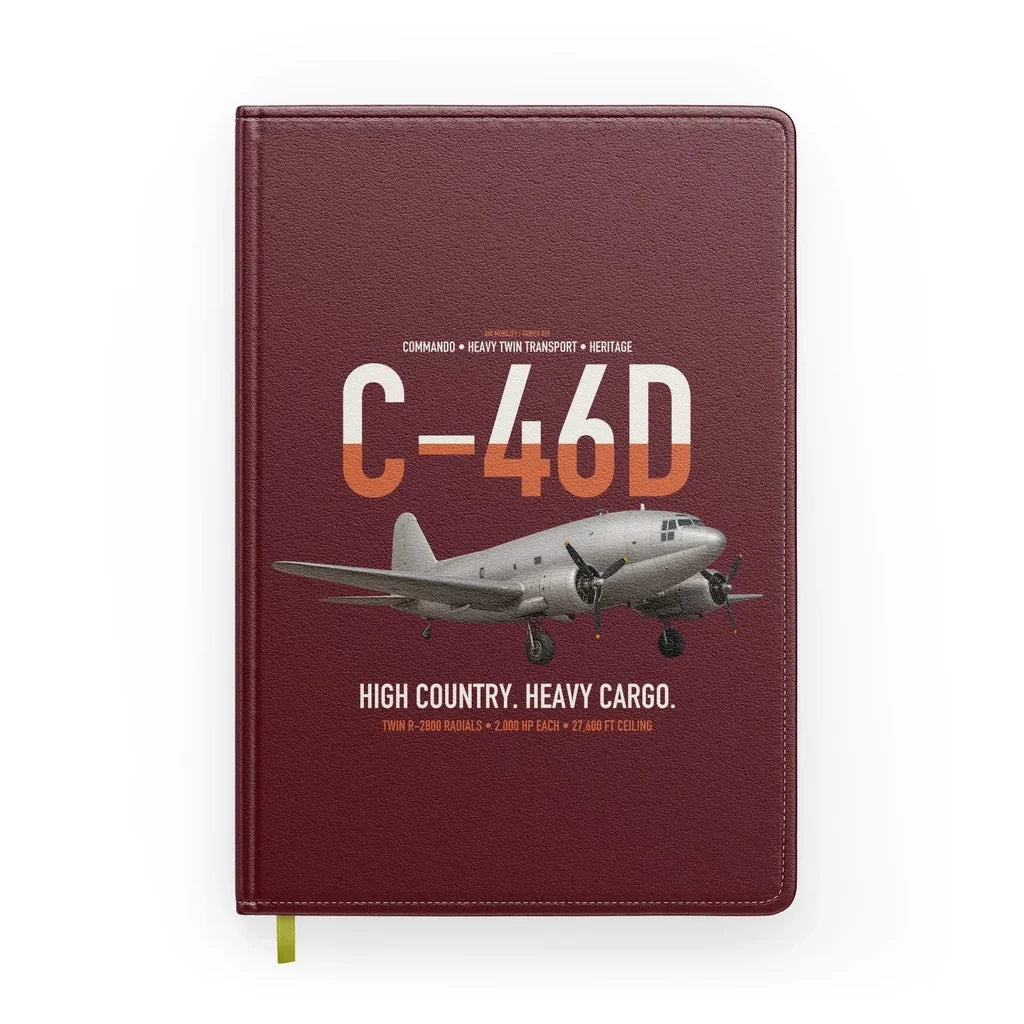 C-46D Commando design on dark red notebook