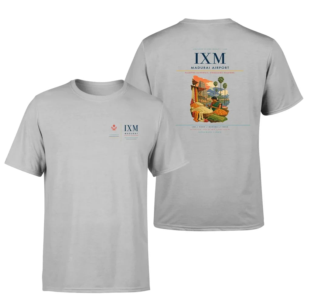 Madurai Airport (IXM) design printed on light gray double-side t-shirt