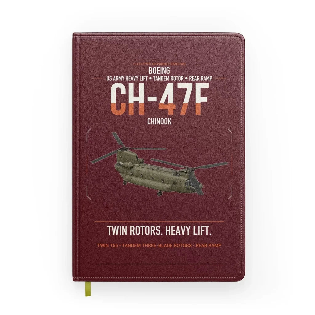 Boeing CH-47F Chinook design on dark red notebook