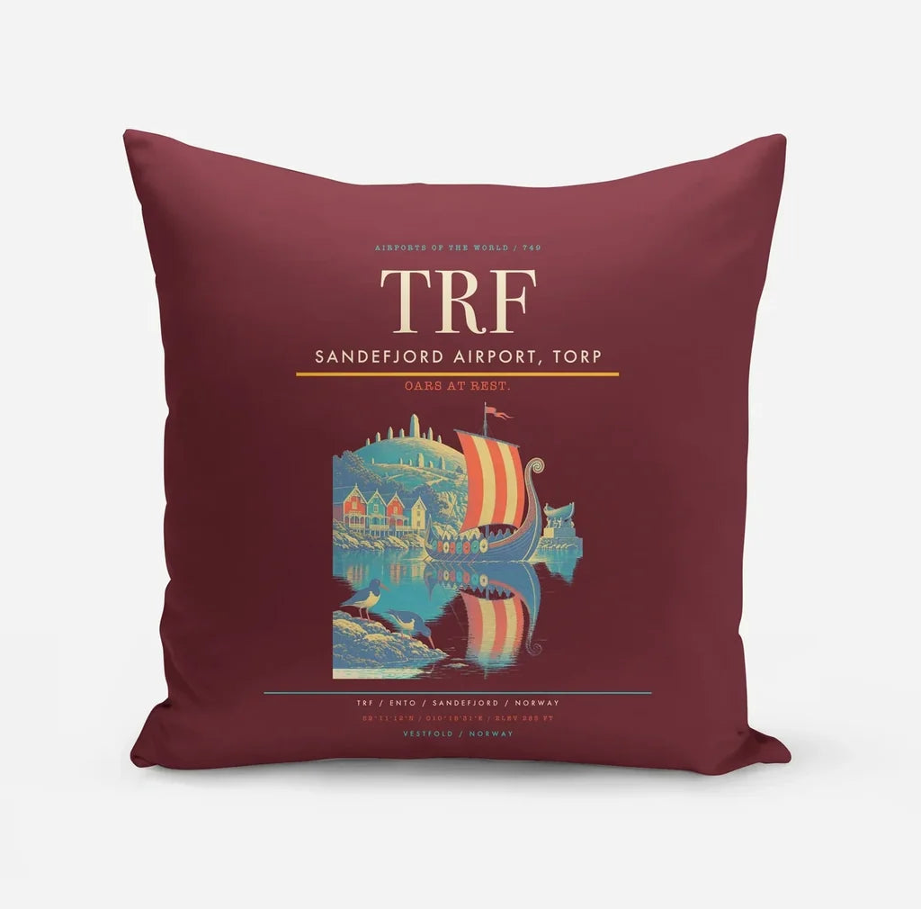 Sandefjord Airport, Torp (TRF) design on dark red pillow