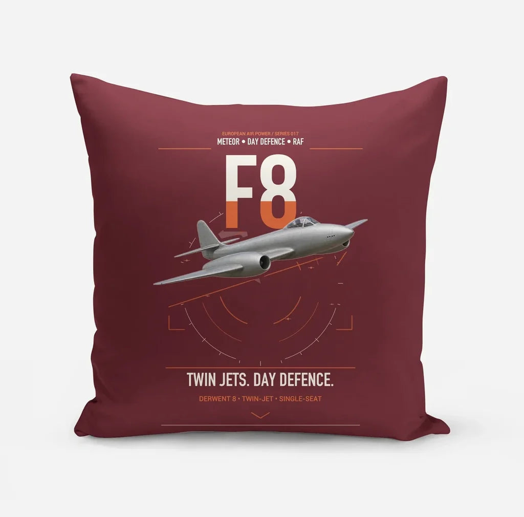 Gloster Meteor F8 design on dark red pillow