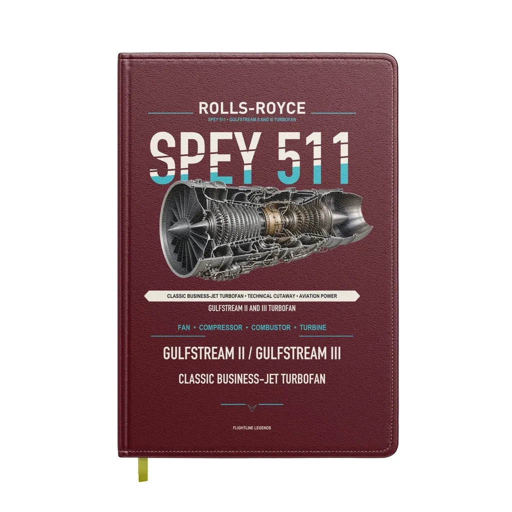 SPEY 511 design on dark red notebook