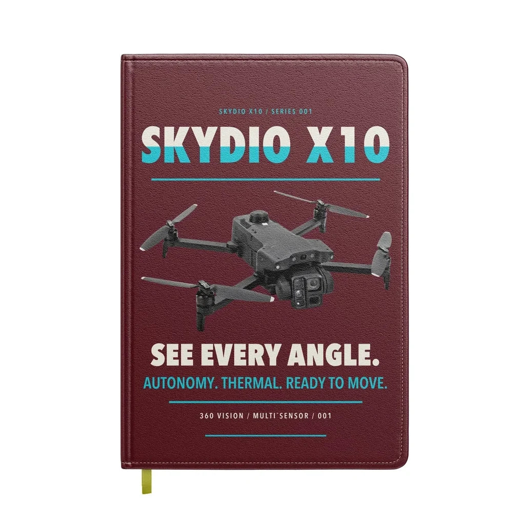 Skydio X10 design on dark red notebook