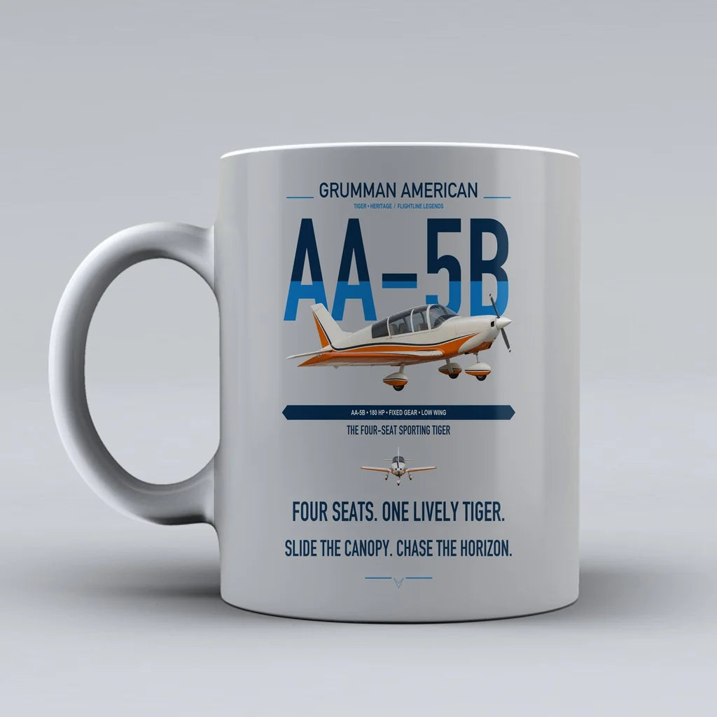 Grumman American AA-5B Tiger design on light gray ceramic mug, double-side print