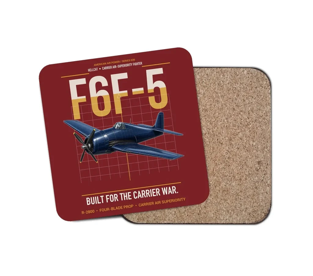 F6F-5 Hellcat design on dark red 1 piece coaster