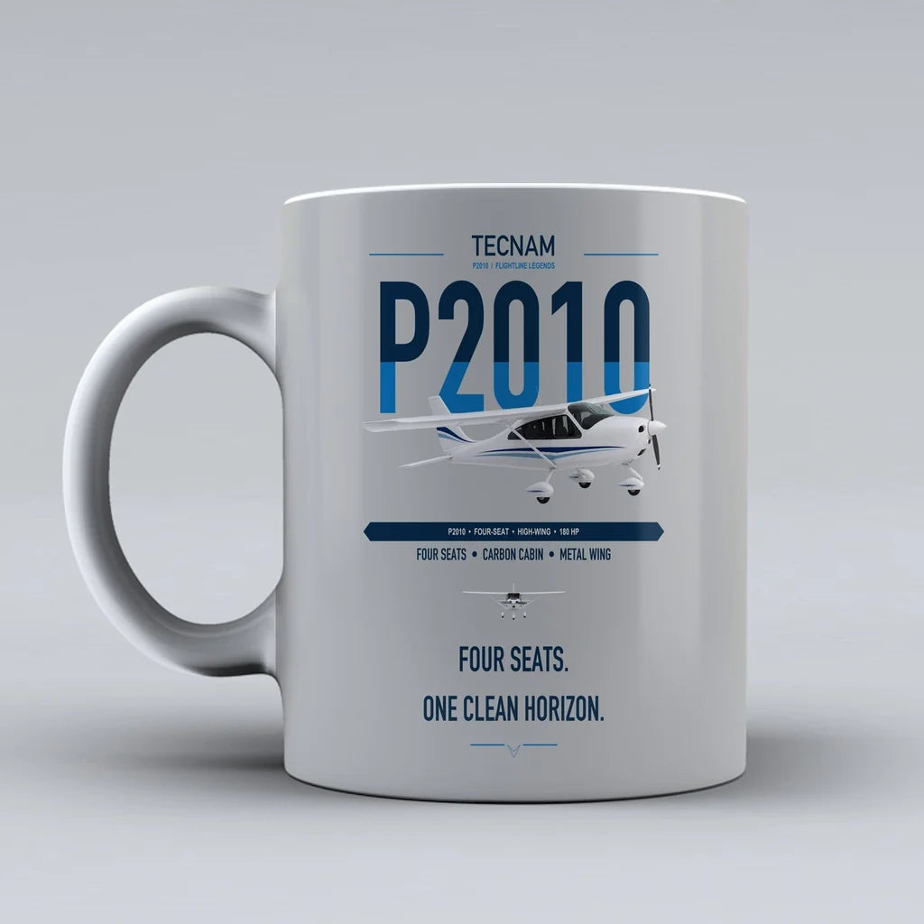 Tecnam P2010 design on light gray ceramic mug, double-side print