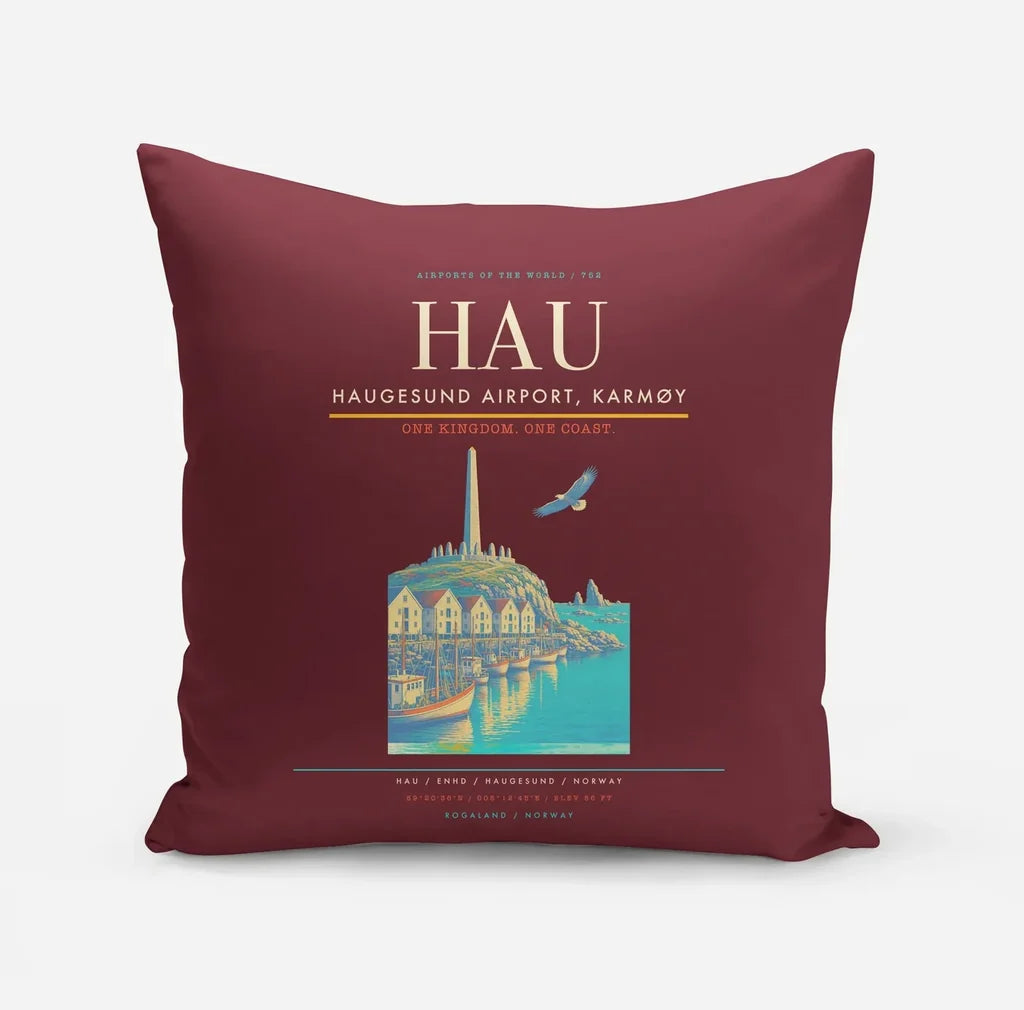 Haugesund Airport, Karmøy (HAU) design on dark red pillow