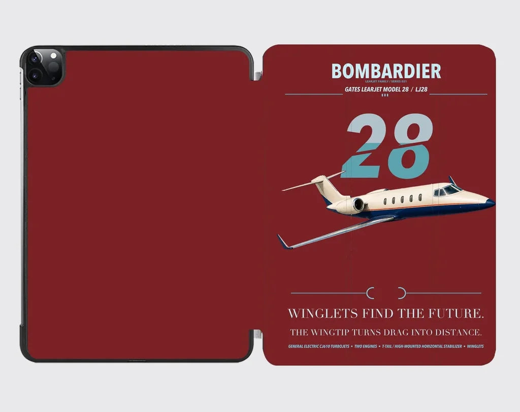 Bombardier Learjet 28 design on dark red ipad tablet case